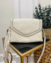 Load image into Gallery viewer, Whipstitch + Tassel Gray/Beige Crossbody