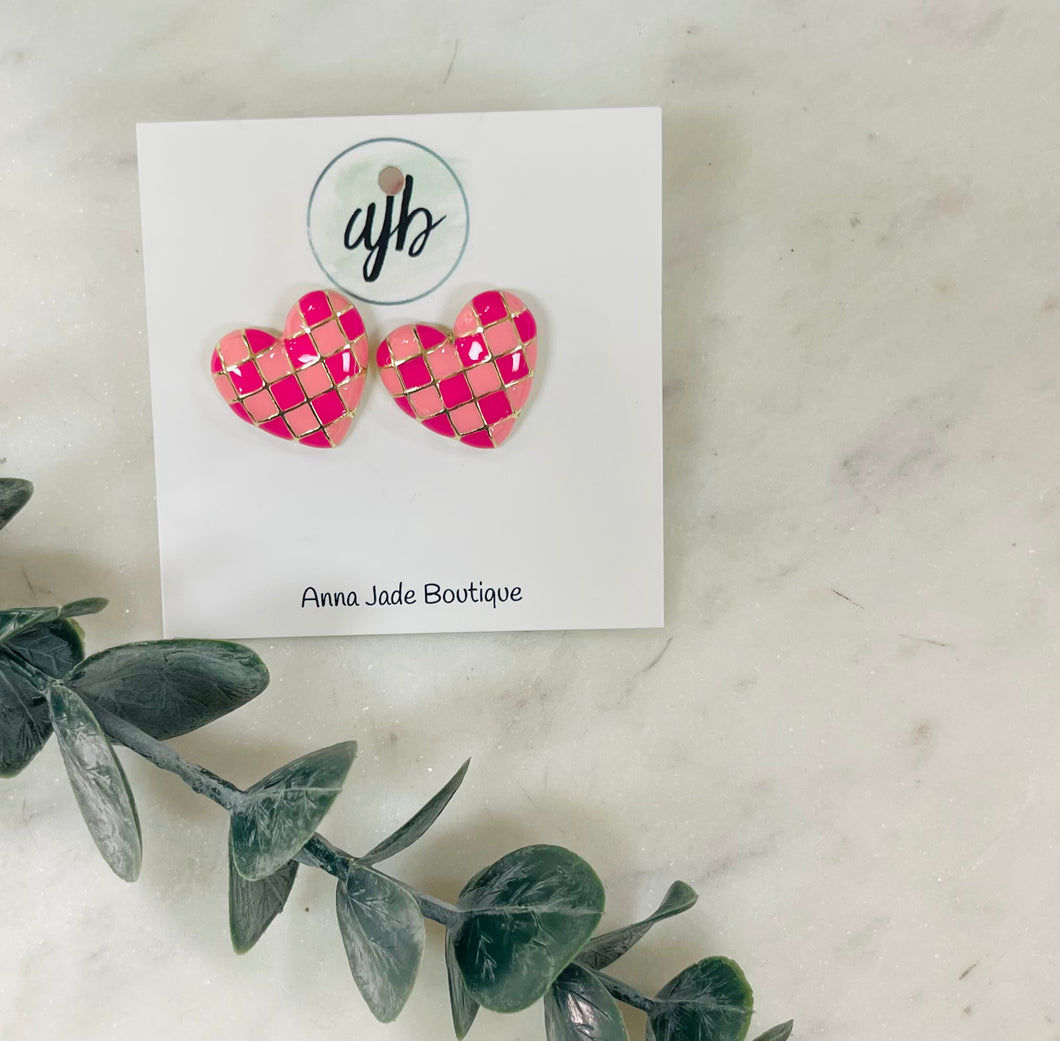Pink Checked Heart Stud