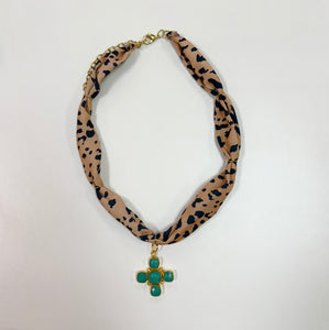 Cheetah/Teal Cross Scarf Necklace
