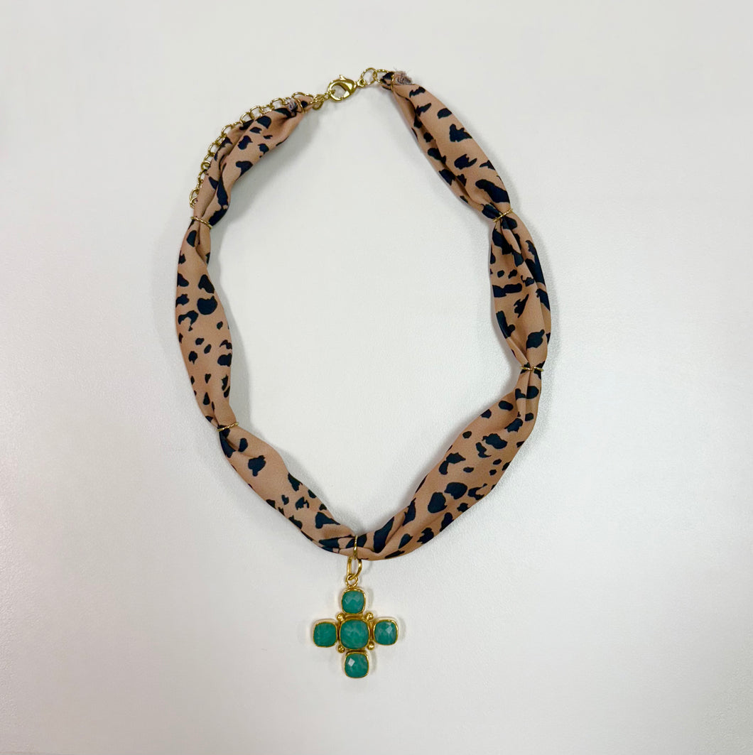 Cheetah/Teal Cross Scarf Necklace