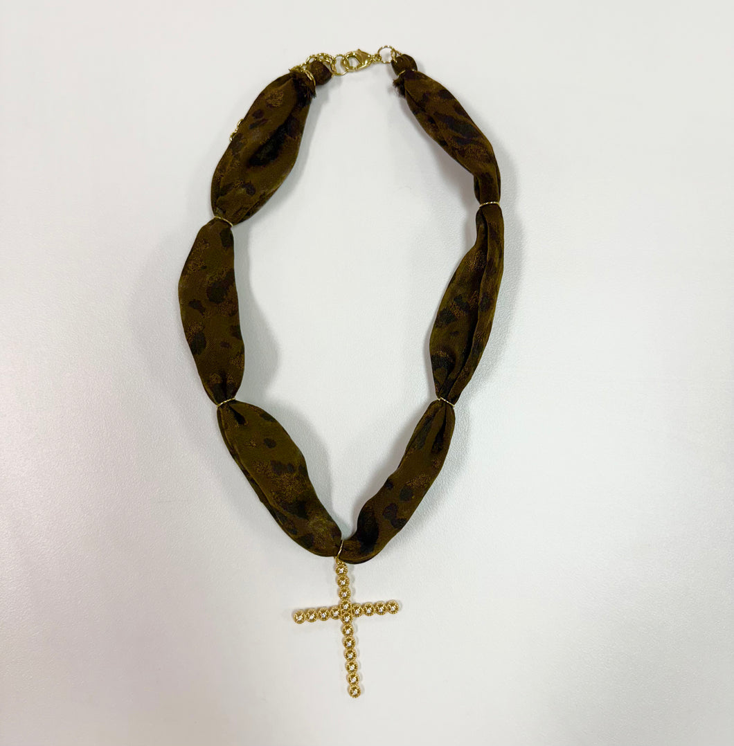 Brown Leopard/Cross Scarf Necklace