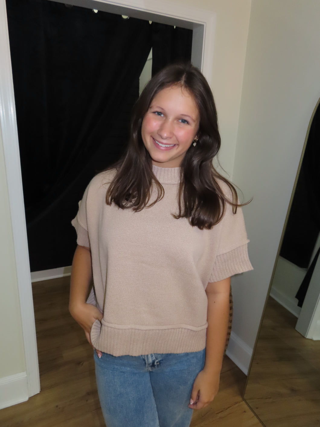 Taupe Notch Crewneck Sweater