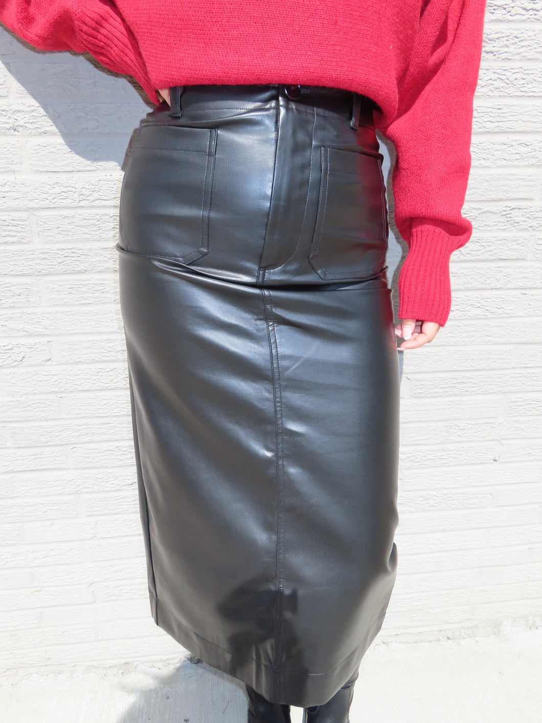 Black Pleather Midi Skirt