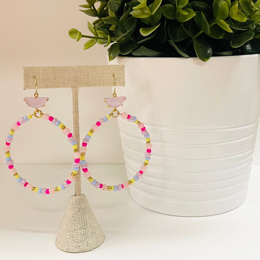 Multi Beaded+ Pink Druzy Stone Earrings