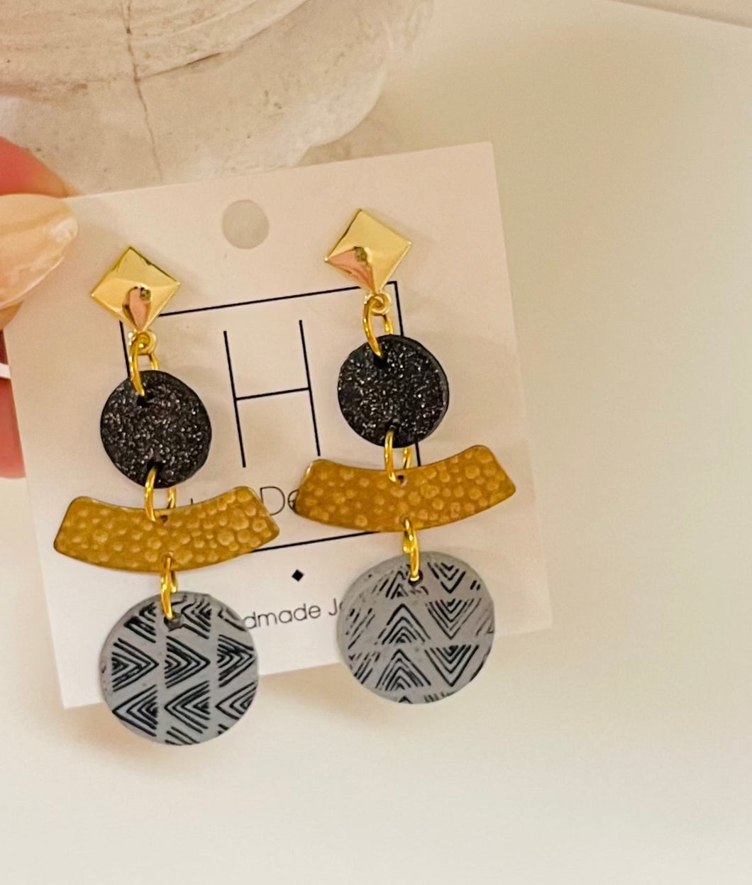 Black Tiered Clay Earrings